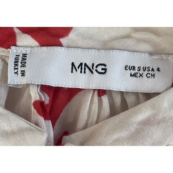 Mango MNG Red Floral Cotton Blouse Coastal Puff Sleeve Top Size 4 - Picture 4 of 10